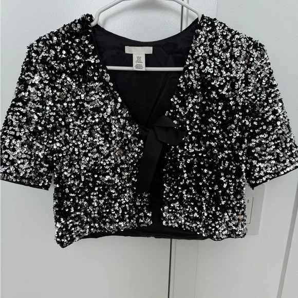 H&M Tops Hm Black Sequin Short Sleeve Top With Black Bow Tie